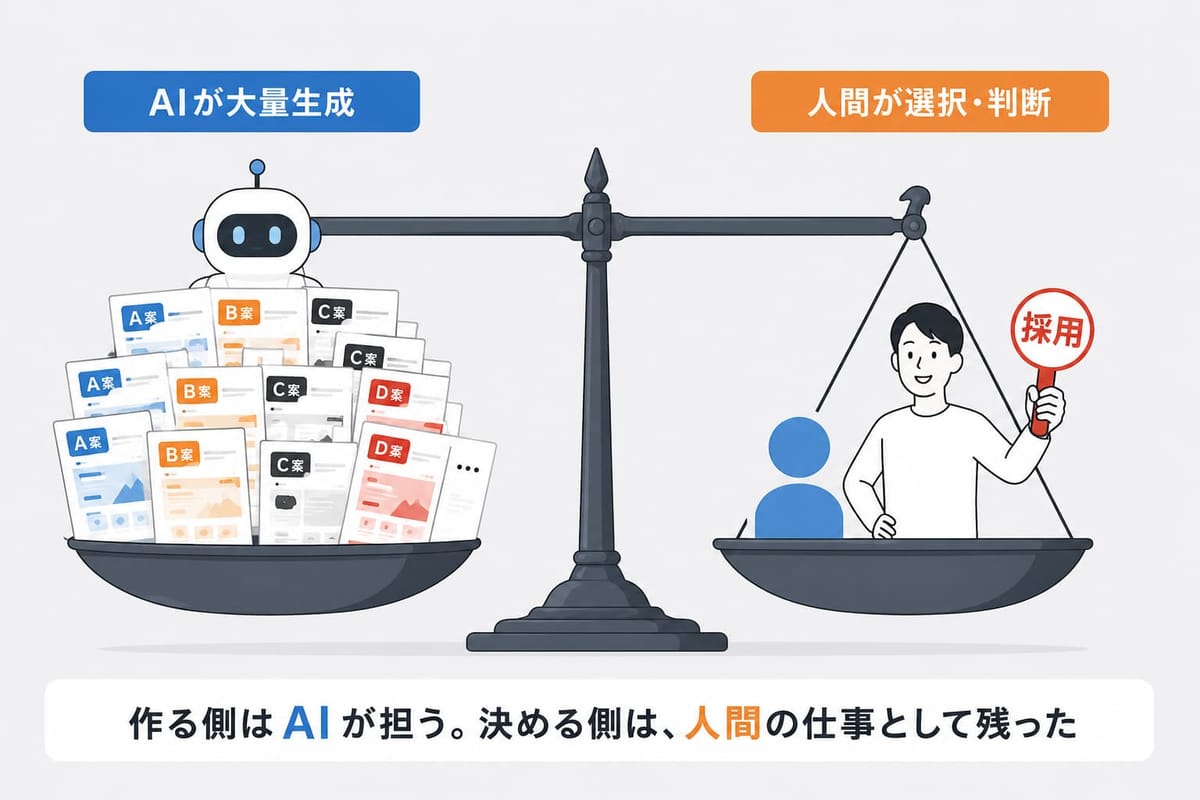 天秤の左に「AIが大量生成」したA〜D案の山、右に「採用」の札を持つ人が乗り、「作る側はAIが担う。決める側は、人間の仕事として残った」と示す図